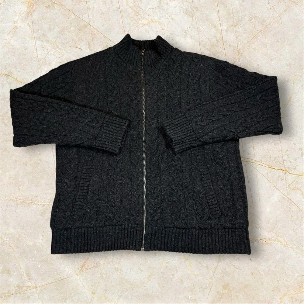 Schott Bros Cable Knit Full Zip‎ Sweater Jacket Charcoal Gray XL Mens